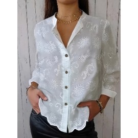 Women's Elegant Semi-Sheer Lace Blouse - Lightweight Breathable Long Sleeve Button-Up Shirt with Stand-Up Collar, Solid Color Machine Washable Plus Size Top for Spring Summer Casual & Formal Wear, Lace Shirt, Delicate Fabric Design