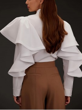 Plus Size, Plus Size Women's Elegant Long Sleeve Blouse with Oversized Collar & Ruffled Mandarin Collar - Semi-Sheer Wrinkle-Resistant-Like Smock Jacket-like Top, Hand Washable All-Season Professional Shirt (No Elasticity) for Office