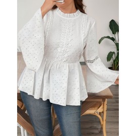 Plus Size - Women'S Elegant Solid Color Lace Trim Ruffle Sleeve Blouse - Plus Size Long Sleeve Round Neck Casual to Semi-Formal Shirt, Breathable Non-Stretch Fabric with Flared Bell Sleeves, Spring/Autumn Versatile Top for Everyday & Special Occasions, Easy-Care Durable Design, Spring Fashion, Autumn Outfit, Delicate Detailing, Lightweight Material, Stylish Shirt, Fashion Lovers, Office Wearers, Beautiful Blouse For Plus Size Women, Plus Size Women Clothes, Blouse Women