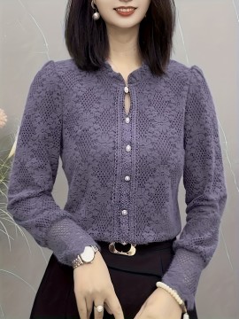 Plus Size - 1pc Elegant Lace Trim Long Sleeve Blouse for Women - Chic Round Neck, Non-Stretch Fabric, Floral Pattern, Perfect for Spring/Fall, Versatile Layering Piece, Spring Fashion Top | Floral Pattern Top | Nonstretch Material