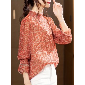 Plus Size - Elegant Floral Print Chiffon Blouse with Ruffle Detail - Long Sleeve, High Neck, Lightweight & Versatile for Spring/Fall, Perfect for Casual or Formal Occasions, Ladies Blouses