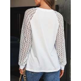 Plus Size, Women's Plus Size Lace Long Sleeve Shirt - Elegant Round Neck Pullover Top with Lace Trim, Lightweight Breathable Casual Blouse for Spring Summer Fall, Versatile for Jeans & Dresses, Lace Shirt, Seasonal Fashion, Sophisticated Pullover, Delicate Fabric, Fall Wardrobe, Soft Texture, Fashion Lovers