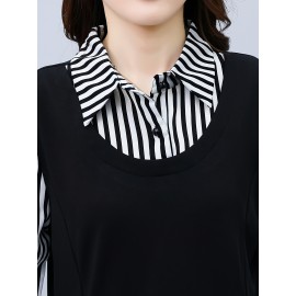 Plus Size, 1pc black and white striped spliced top, fashionable casual style, tummy-covering effect, suitable for daily wear in mid-to-senior age/autumn-winter season, plus-size Women's midi-length base layer shirt