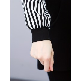 Plus Size, 1pc black and white striped spliced top, fashionable casual style, tummy-covering effect, suitable for daily wear in mid-to-senior age/autumn-winter season, plus-size Women's midi-length base layer shirt