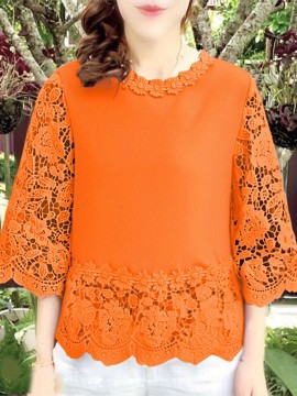 [Elegant Oversized Blouse] Plus Size, ZANZEA Women's Plus Size Elegant Oversized Blouse - Lightweight Short Sleeve-Like 3/4 Sleeve Crew Neck Shirt, Wrinkle-Resistant White & Colors, Structured Collar, Machine Washable - Office, Commuter & Casual Wear (No Stretch)