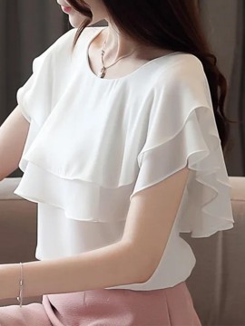 [Short Sleeve Ruffle Blouse] Elegant Plus Size Women's Blouse - Casual Short Sleeve with Ruffle Detail, Solid Color, Non-Stretch Polyester - Perfect for Spring/Summer