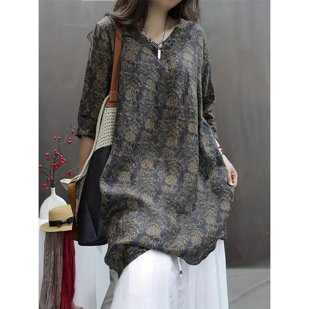 Plus Size, Women's Elegant V-Neck Long Sleeve Blouse - Olive Green & Beige Abstract Floral Print, Loose Fit Soft Lightweight Shirt with V-Neck & Slit Hem, All-Season Casual to Semi-Formal Blouse for Everyday & Formal Wear, Machine Washable (Green/Beige) - Relaxed Fit with Digital Print, Structured Collar & Open Hem, Suitable for Layering, Versatile for Casual or Formal Outfits, Plus Size Women Blouses, Plus Size Women Tops, Blouses For Women Plus Size,