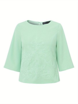 [Plus Size Embroidery Tops] Plus Size Elegant Embroidery Tops | Women's Short Sleeve Crew Neck Baggy Shirt | Summer Commuter Holiday Lightweight Casual Blouse