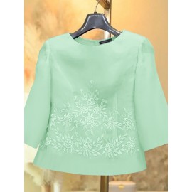 [Plus Size Embroidery Tops] Plus Size Elegant Embroidery Tops | Women's Short Sleeve Crew Neck Baggy Shirt | Summer Commuter Holiday Lightweight Casual Blouse