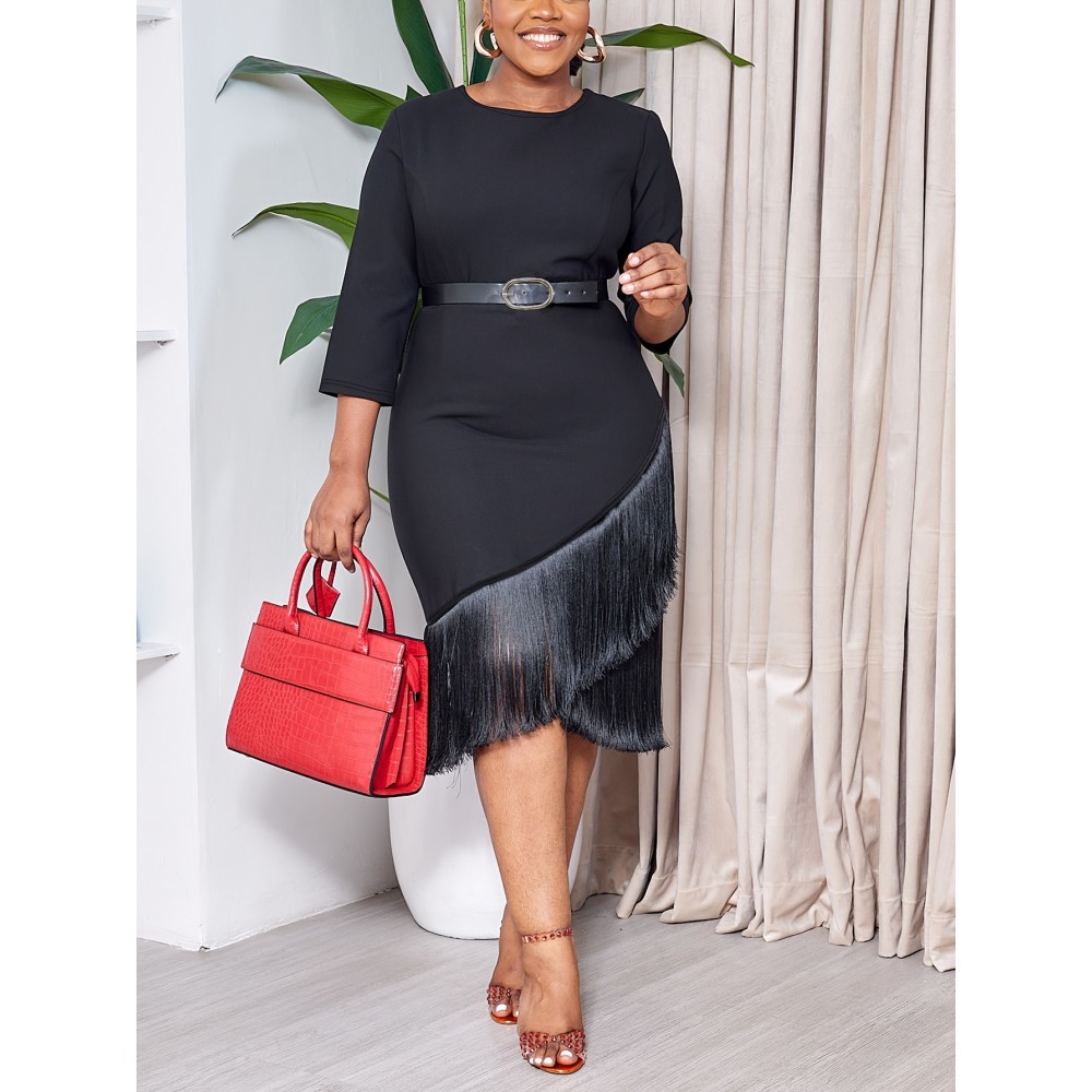 Plus Size Fringe Hem Bodycon Dress, Elegant 3/4 Sleeve Midi Dress For Spring & Fall, Women's Plus Size Clothing