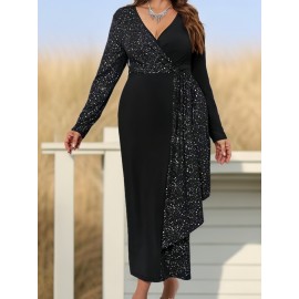 Plus Size, European and American Fashion Halloween Christmas Holiday Style Glowing Fabric Patchwork Long Sleeve Plus Size Dress, Halloween Plus Size Women