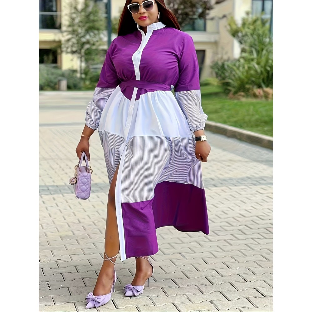 Plus Size - Plus Size, Women'S Plus Size Elegant Long Sleeve dress - Formal & Casual office to party Outfit, Button-Front Long Dress in Olive Green & White Vertical Stripes, Non-Stretch Fabric for Everyday & Special Events, Versatile Wardrobe Staple, Classic Round Neckline, Structured Silhouette, Stylish Blouse Dress, Professional Women