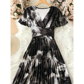 Elegant V-Neck Short Sleeve Floral Print Pleated Dress with Belt - Polyester, Black/White/Gray, Spring/Autumn, Casual & Semi-Formal Occasions, Cute Dresses