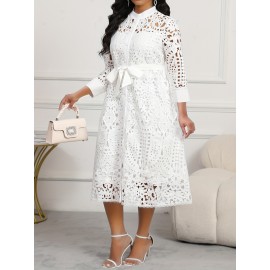 Elegant White Lace Midi Dress with 3/4 Sleeves and Belt Detail, Button-Up Front, Breathable Fabric, Perfect for Casual or Semi-Formal Occasions, Lace Dress, Occasion Wear, Nontransparent Fabric