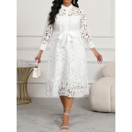 Elegant White Lace Midi Dress with 3/4 Sleeves and Belt Detail, Button-Up Front, Breathable Fabric, Perfect for Casual or Semi-Formal Occasions, Lace Dress, Occasion Wear, Nontransparent Fabric
