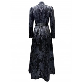 Plus Size, Women's Plus Size Black Floral Jacquard Satin Long Sleeve A-Line Stand Collar V Neck Dress