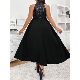 Elegant Sleeveless Sequin Top & Black Flare Midi Dress - Perfect for Casual Weekend Attire, Allseason Versatile Dress|Sequin Embellished Top|Stretchy Fabric