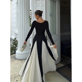 Plus Size - Plus Size, - Plus Size Fashionable Color-Blocked Long Sleeve Maxi Dress, Elegant Vacation Style, Plus Size Fashion, Plus Size Dress