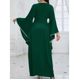 Elegant Plus Size Women'S Long Dress - Solid Color Green, Crew Neck, with Belt and Shoulder Sleeves, Flowing Design for Spring/Fall, Polyester Fabric, Casual Elegance | Belted Waist Dress | Glossy Textur