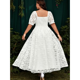 [Pink Lace Dress] Elegant Pink Lace-Trimmed Square Neck Dress for Women | Fitted Shirred Waist, Long Sleeve, Flowing Design - Perfect for Weddings & Formal Events