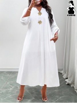 [Elegant V-Neck Maxi Dress] Plus Size - Plus Size, Women's Plus Size Elegant V-Neck Long Sleeve Shirt Dress - Formal & Everyday Maxi Dress With Golden Floral Buttons, Non-Stretchy Fabric, A-Line Silhouette For Fall/Winter - Office, Party, Casual Outfits, Office Attire