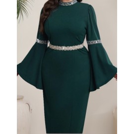 [Plus Size Bell Sleeve Dress] Elegant Plus Size Bell Sleeve Dress - Stretchy & Form-Fitting, Solid Color, Crew Neck, Perfect for Spring/Summer/Fall, Women's Fashion, Sophisticated Style, Elegant Event Attire