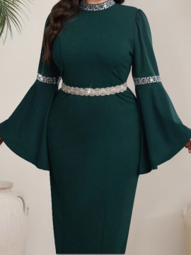 [Plus Size Bell Sleeve Dress] Elegant Plus Size Bell Sleeve Dress - Stretchy & Form-Fitting, Solid Color, Crew Neck, Perfect for Spring/Summer/Fall, Women's Fashion, Sophisticated Style, Elegant Event Attire