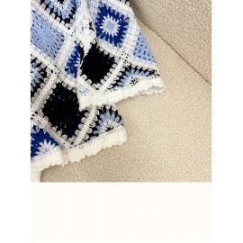 Plus Size - Women'S Bohemian Style Crochet Top - Lightweight Hollow Round Neck Sweater with Blue & Black Color Block Design, Long Sleeve Pullover for Fall/Winter