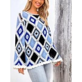 Plus Size - Women'S Bohemian Style Crochet Top - Lightweight Hollow Round Neck Sweater with Blue & Black Color Block Design, Long Sleeve Pullover for Fall/Winter