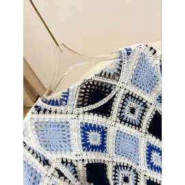 Plus Size - Women'S Bohemian Style Crochet Top - Lightweight Hollow Round Neck Sweater with Blue & Black Color Block Design, Long Sleeve Pullover for Fall/Winter