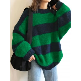 Plus Size - Plus Size, Women'S Plus Size Sweater - Green & Navy Blue Color Block, Loose Fit Long Sleeve Pullover Sweater for Fall/Winter, Non-Stretchy Sweater for Everyday & Formal Outfits - Elegant Women'S Sweater, Winter Wardrobe, Drop Shoulder Design, Cozy Material, Stylish Knitwear, Casual Wear, Green And Black/red Striped Sweater For Women, Crossover Sweater For Women
