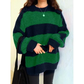 Plus Size - Plus Size, Women'S Plus Size Sweater - Green & Navy Blue Color Block, Loose Fit Long Sleeve Pullover Sweater for Fall/Winter, Non-Stretchy Sweater for Everyday & Formal Outfits - Elegant Women'S Sweater, Winter Wardrobe, Drop Shoulder Design, Cozy Material, Stylish Knitwear, Casual Wear, Green And Black/red Striped Sweater For Women, Crossover Sweater For Women