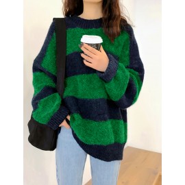 Plus Size - Plus Size, Women'S Plus Size Sweater - Green & Navy Blue Color Block, Loose Fit Long Sleeve Pullover Sweater for Fall/Winter, Non-Stretchy Sweater for Everyday & Formal Outfits - Elegant Women'S Sweater, Winter Wardrobe, Drop Shoulder Design, Cozy Material, Stylish Knitwear, Casual Wear, Green And Black/red Striped Sweater For Women, Crossover Sweater For Women