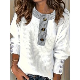 Plus Size - Women'S Oversized Sweater - Soft Pullover Sweater with Button Front Placket, Long Sleeve Round Neck Sweater for Fall/Winter