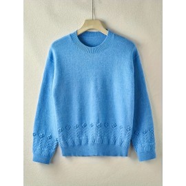 1pc Women'S Casual Crew Neck Sweater, 100% Acrylic Knit Fabric, Solid Color Pullover with Slight Stretch, All-Season Long Sleeve Sweatshirt