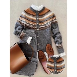 Plus Size - Plus Size Women'S Elegant Sweater - Soft Stretchy Winter Coat with Geometric Pattern, Long Sleeve Round Neck Casual Outerwear, Cozy Fall & Winter Wear, Cozy Winter Wear | Geometric Pattern Sweater | St