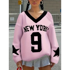 Plus Size, Plus Size Women's Oversized V-Neck Sweater - & Number 9 Print Pink Sweater with Logo-Like Lettering, Cozy Winter Sweater for NYC-Themed Outfits, Casual Elegant Hand Washable Fall Winter Sweeping Collar Sweater