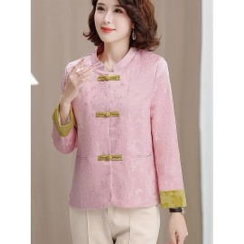 Plus Size - Plus Size, Women'S Chinese Cheongsam Coat - Elegant Vintage Tang Suit Jacket with Pastel pink & Golden Floral pattern, Non-Stretch Fabric, Button Front Closure, Traditional Cultural Formal & Everyday Chic Outerwear for Chinese New Year, Weddings, Cultural Events - Ready-to-Wear Women'S Clothing, Wedding Attire, Nontransparent Material, Festive Wear, Durable Construction, Plus Size Women