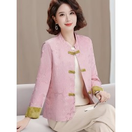 Plus Size - Plus Size, Women'S Chinese Cheongsam Coat - Elegant Vintage Tang Suit Jacket with Pastel pink & Golden Floral pattern, Non-Stretch Fabric, Button Front Closure, Traditional Cultural Formal & Everyday Chic Outerwear for Chinese New Year, Weddings, Cultural Events - Ready-to-Wear Women'S Clothing, Wedding Attire, Nontransparent Material, Festive Wear, Durable Construction, Plus Size Women