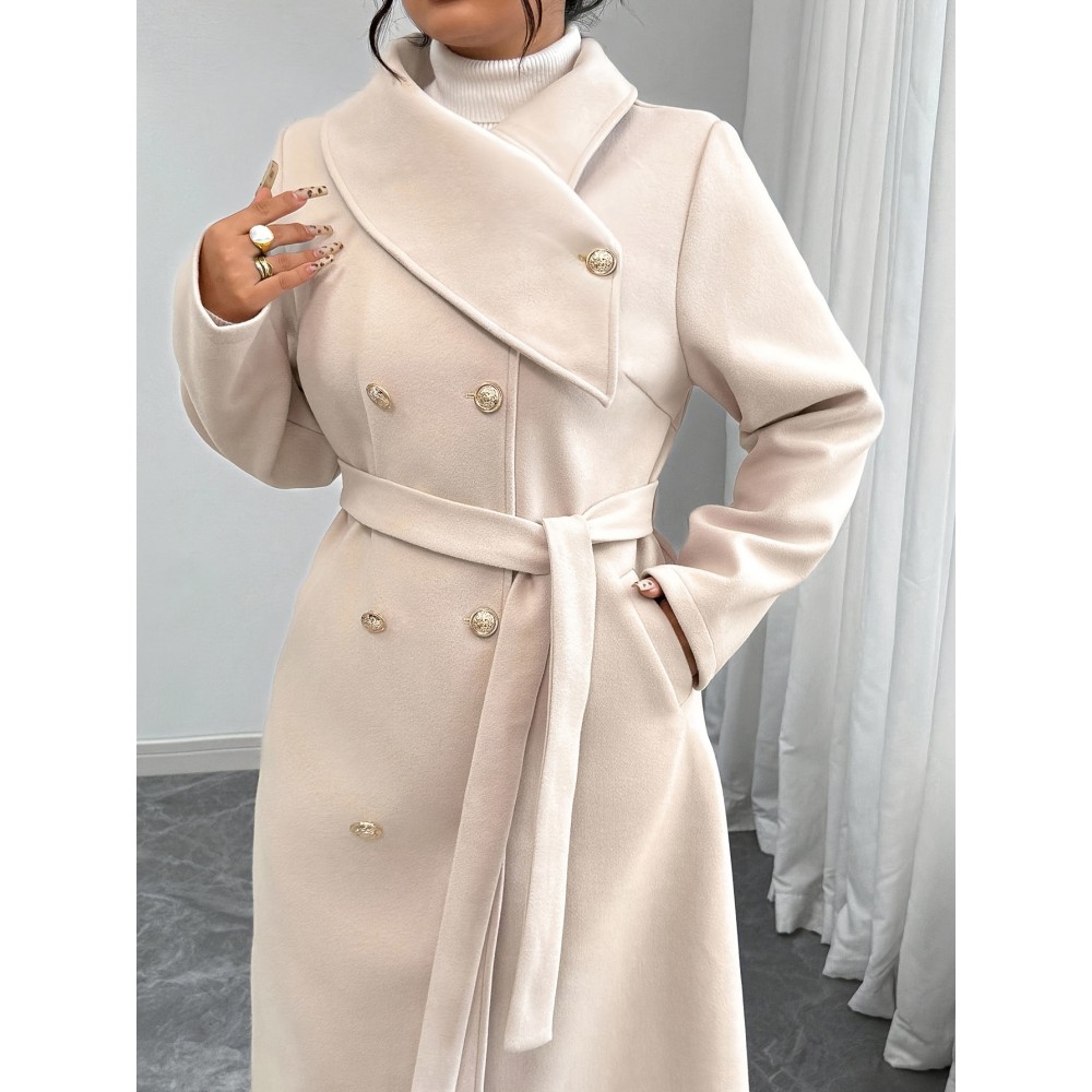 [Women's Outerwear] Plus Size Elegant Winter Coat - Women's Double-Breasted Asymmetrical Jacket with Belted Waist | Long Sleeve Trench Coat (Black) | Machine Washable for Weddings & Formal Events