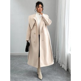 [Women's Outerwear] Plus Size Elegant Winter Coat - Women's Double-Breasted Asymmetrical Jacket with Belted Waist | Long Sleeve Trench Coat (Black) | Machine Washable for Weddings & Formal Events