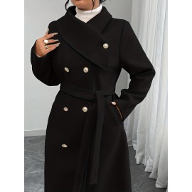 [Women's Outerwear] Plus Size Elegant Winter Coat - Women's Double-Breasted Asymmetrical Jacket with Belted Waist | Long Sleeve Trench Coat (Black) | Machine Washable for Weddings & Formal Events