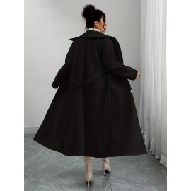 [Women's Outerwear] Plus Size Elegant Winter Coat - Women's Double-Breasted Asymmetrical Jacket with Belted Waist | Long Sleeve Trench Coat (Black) | Machine Washable for Weddings & Formal Events