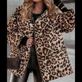 Plus Size, 's Plus Size Oversized Leopard Print (Brown/Black) Full-Zip Hooded Winter Jacket - -Like Collar, Thick Warm Outerwear, Machine Washable, Casual & Dressy Blazer for Fall/Winter, Versatile Outerwear