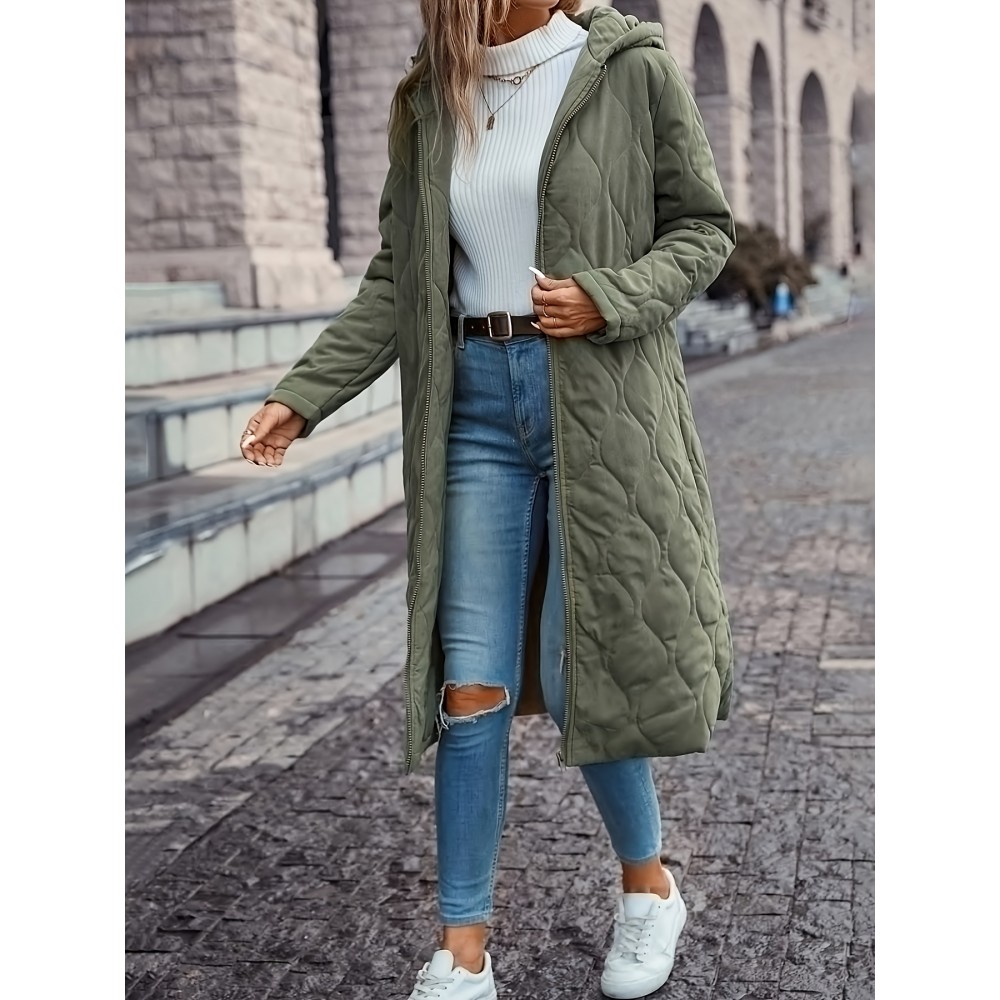 Plus Size - Women'S Elegant Quilted Hooded Coat with Slant Pockets - Warm & Comfortable Long Sleeve Outerwear, Olive Green, Button-Up Front, All-Season Wear, Casual Style, Casual Winter Wear | Quilted Design | Buttonup Coat
