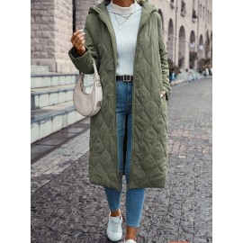 Plus Size - Women'S Elegant Quilted Hooded Coat with Slant Pockets - Warm & Comfortable Long Sleeve Outerwear, Olive Green, Button-Up Front, All-Season Wear, Casual Style, Casual Winter Wear | Quilted Design | Buttonup Coat