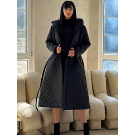 Plus Size - Elegant Fashion Quilted Over-the-Knee Dress with a Loose Hooded Design, Featuring a Belt for Women.