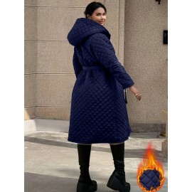 Plus Size - Elegant Fashion Quilted Over-the-Knee Dress with a Loose Hooded Design, Featuring a Belt for Women.