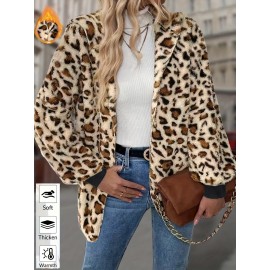 Leopard Print Plus Size Women's Elegant Hooded Winter Coat - Machine Washable Outerwear for Fall & Winter, Soft Warm Fabric, Stylish Women's Outerwear with Hood for Casual to Formal Events