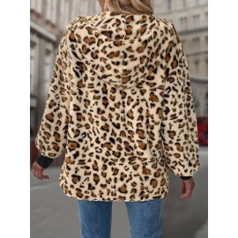 Leopard Print Plus Size Women's Elegant Hooded Winter Coat - Machine Washable Outerwear for Fall & Winter, Soft Warm Fabric, Stylish Women's Outerwear with Hood for Casual to Formal Events